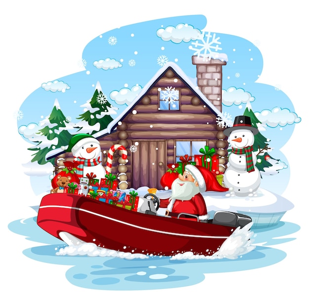 Snowy day with Santa Claus delivering gifts by speedboat