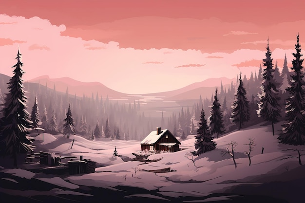 Vector a snowy landscape with a cabin and trees in the background