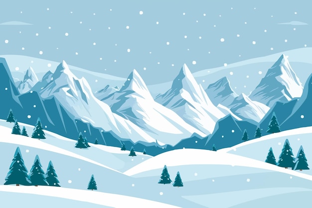 Vector a snowy landscape with a mountain range and trees