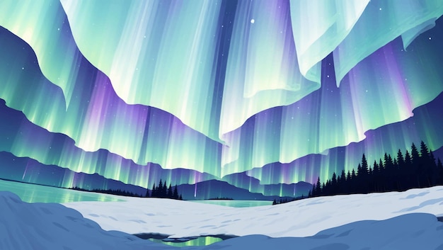 Snowy Landscape with Mountains Pine Trees and Aurora Lights Hand Drawn Painting Illustration