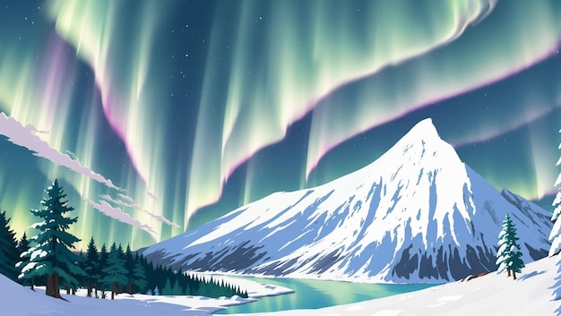 Snowy Landscape with Mountains Pine Trees and Northern Lights Aurora During The Night Hand Drawn Painting Illustration