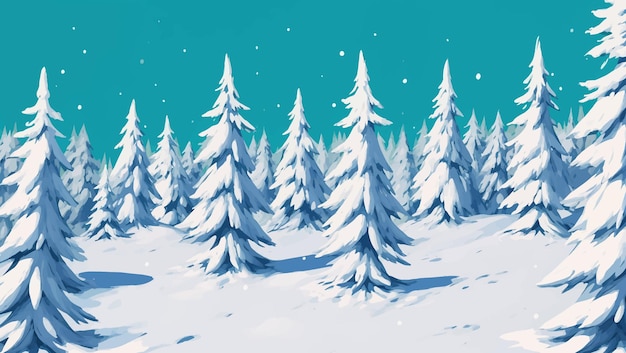 Snowy Landscape with Pine Trees Hand Drawn Painting Illustration