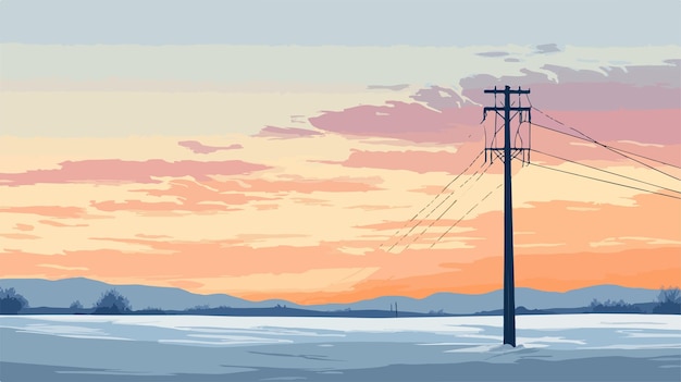 Vector snowy landscape with power pole under cloudy sky