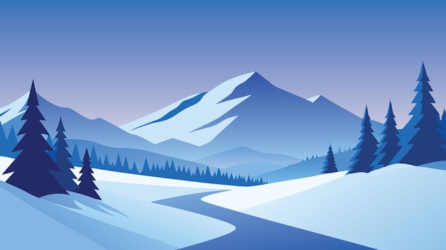 Snowy landscape with trees adorned in snow illustrating the peacefulness of a winter wonderland flat vector illustration