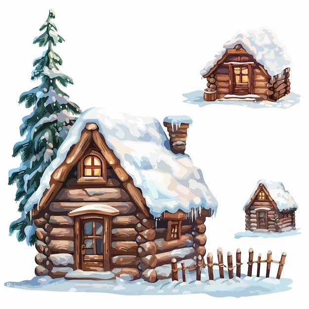 Vector snowy log cabins clipart on white background isolated winter cabin illustration