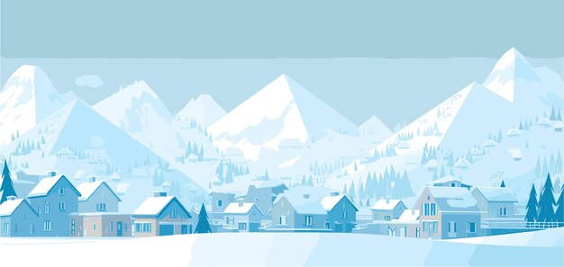 Vector snowy mountain peaks behind towns roofline in light blue