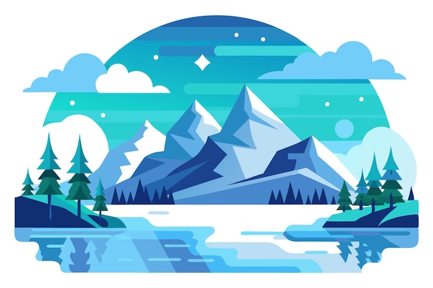 Snowy Mountain Range with Lake and Forest Reflection