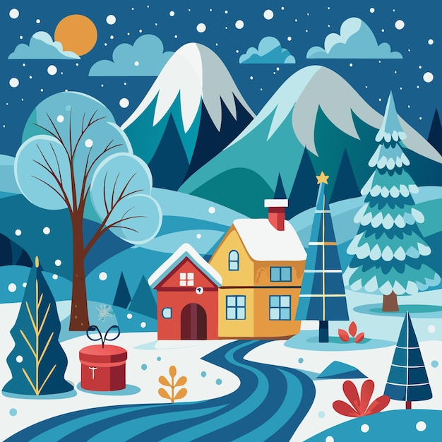 Vector snowy mountain village with christmas trees and houses