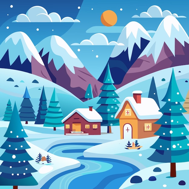 Vector snowy mountain village with river and fir trees