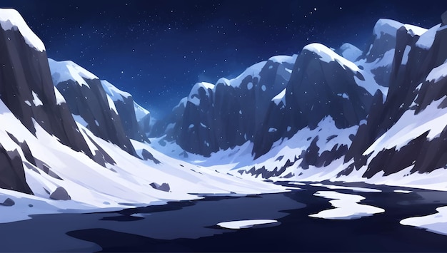 Vector snowy mountains and hill scenery during the night detailed hand drawn painting illustration