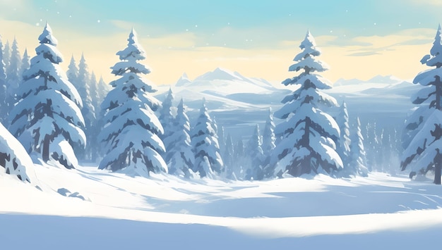 Snowy Mountains and Hills with Pine and Fir Trees Scenery During Dusk Detailed Hand Drawn Painting Illustration