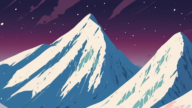 Snowy Mountains Landscape in The Night with Vibrant Colors Hand Drawn Painting Illustration