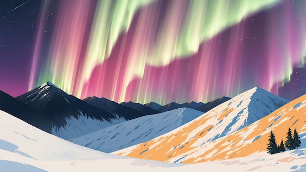 Snowy Mountains Landscape with Aurora Lights in The Night Sky Hand Drawn Painting Illustration