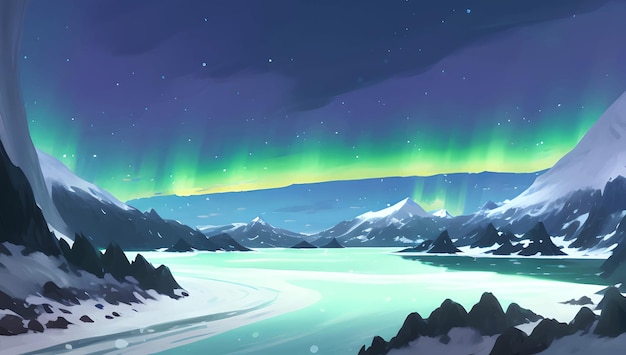 Snowy Mountains Scenery during The Night with Aurora Detailed Hand Drawn Painting Illustration