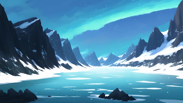 Snowy Mountains Scenery during The Night with Aurora Detailed Hand Drawn Painting Illustration