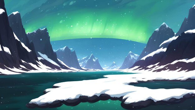 Vector snowy mountains scenery during the night with aurora detailed hand drawn painting illustration