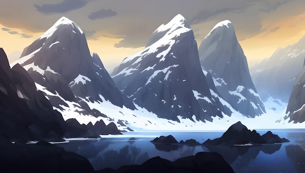 Snowy Mountains Scenery with Frozen Lake During Dawn Detailed Hand Drawn Painting Illustration