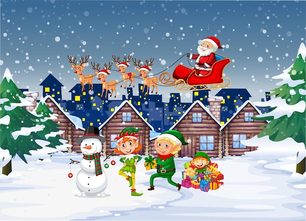 Snowy night scene with Christmas cartoon characters