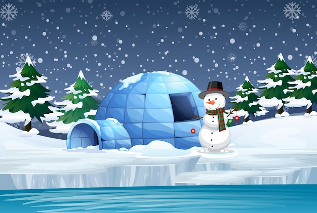 Snowy night with igloo and snowman