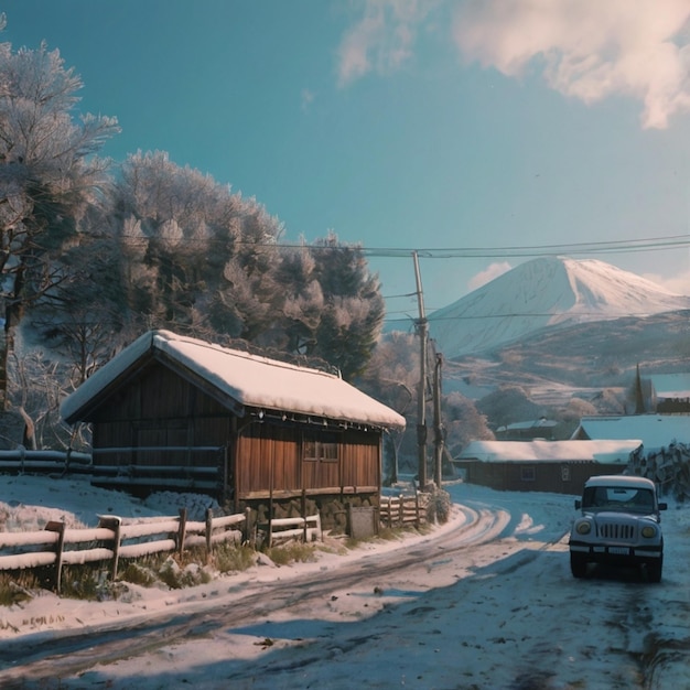 a snowy road with a house and a car in the background