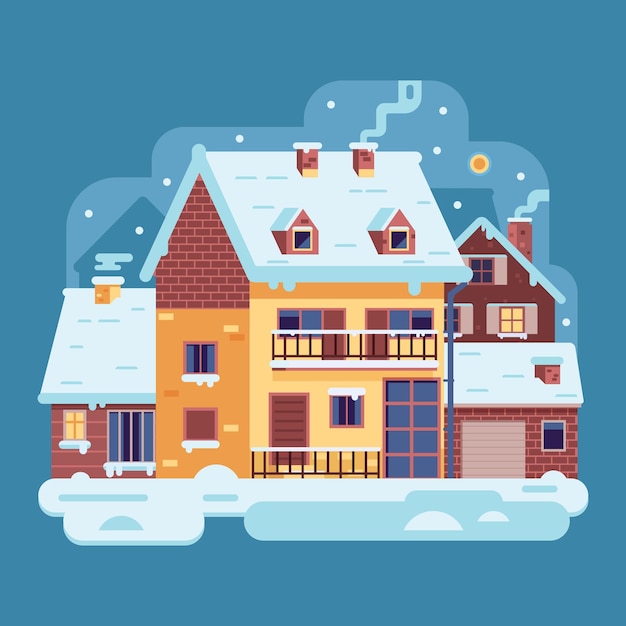 Snowy scene with country winter home with smoking chimney on village background. Cozy cottage or traditional farmhouse on countryside area by wintertime. Cartoon snow capped house landscape banner.