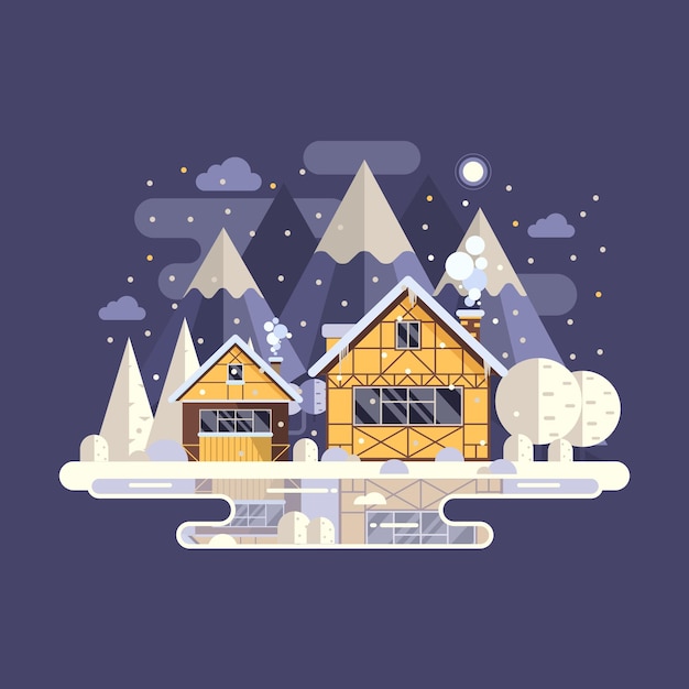 Snowy scene with rural winter home with smoking chimney on mountain background. Forest cottage or timbered cabin on frozen lake by wintertime. Cartoon snow capped house landscape banner.