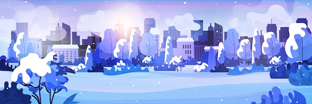 Vector snowy urban park cityscape background merry christmas happy new year greeting card horizontal vector illustration