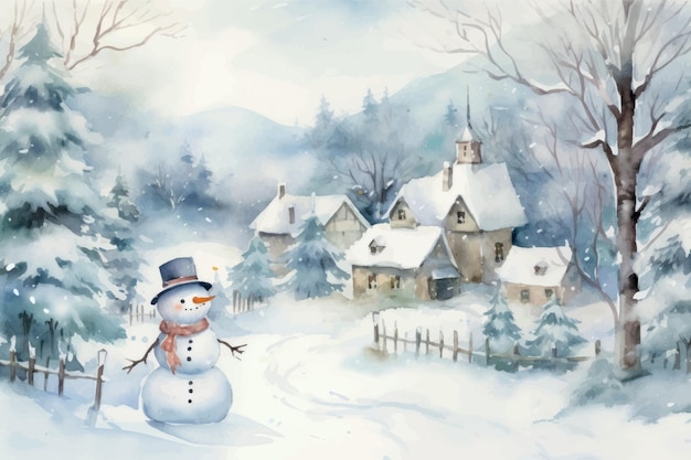 Vector snowy village winter wonderland scene