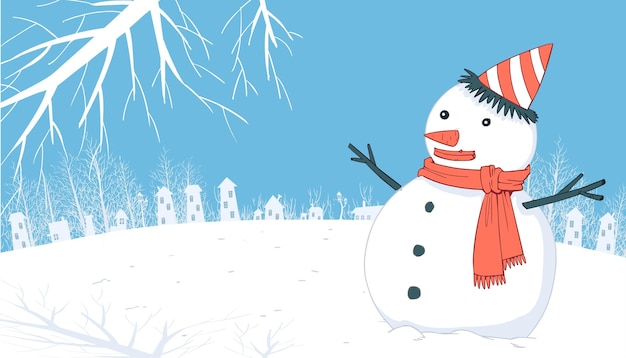 Snowy white winter, winter landscape illustration with snowman.