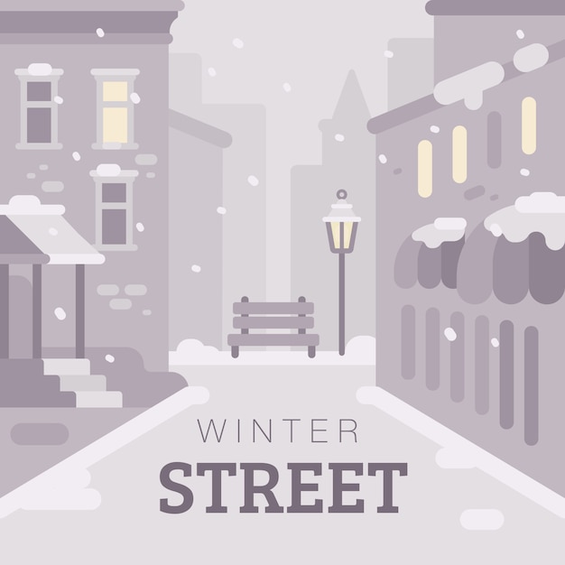 Vector snowy winter city street flat illustration. monochrome winter background with text