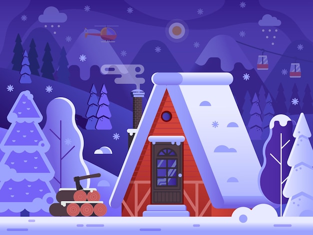 Snowy Winter Log House in Forest Landscape