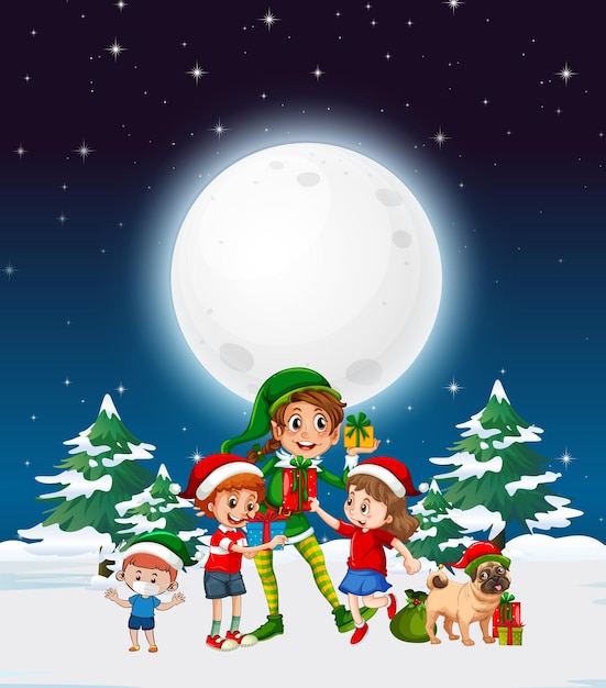 Snowy winter night with Christmas elf and children