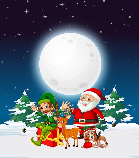 Snowy winter night with Santa Claus and elf