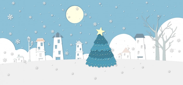 A snowy winter village illustration with a large Christmas tree.