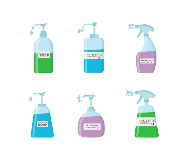 Soap, Antiseptic Gel Products which kills bacteria. Hygiene Icons Set. Antibacterial concept. Liquid Alcohol Antiseptic in pump bottle.