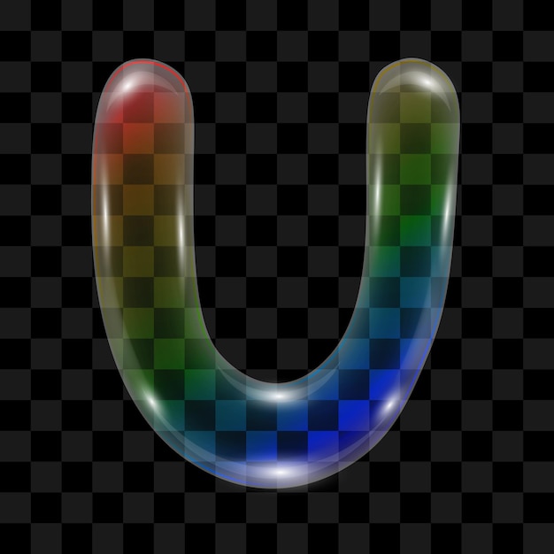 Soap bubble with a rainbow gradient in the shape of the letter U on a transparent background