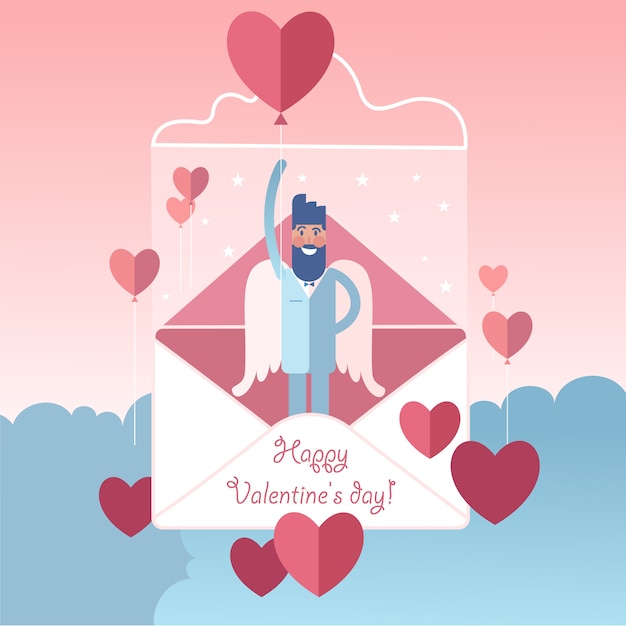 Soaring white-winged bearded angel with valentines heart shaped balloon