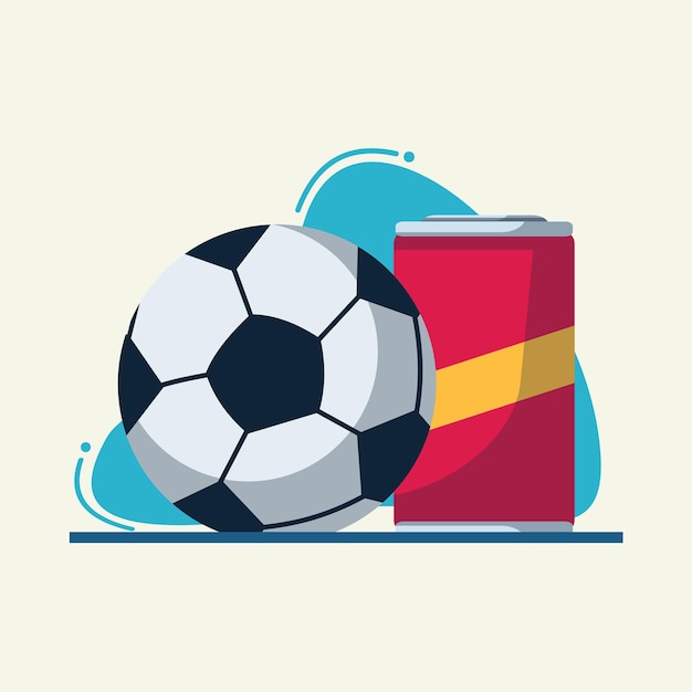 soccer ball and canned drink flat illustration