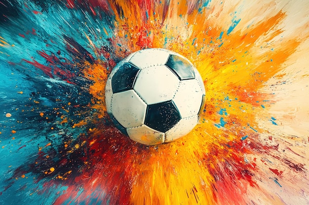 A soccer ball in the center of an explosion surrounded by vibrant colors and energetic brush strokes