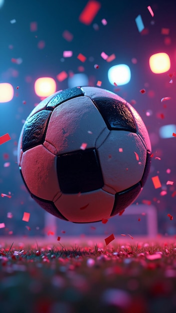 Vector soccer ball midair with confetti in stadium