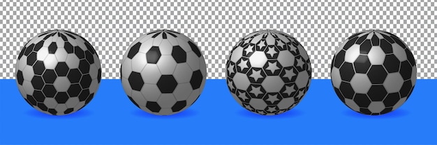 Soccer ball set, realistic 3d design style. assorted black and white patterns