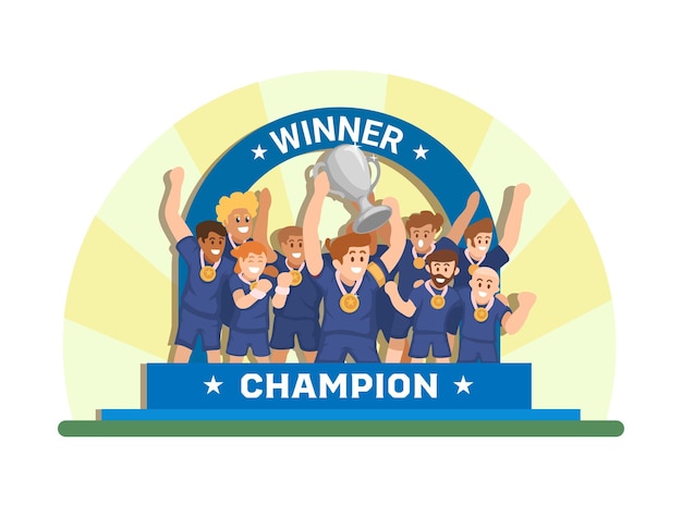 Soccer Champion Team Celebration On Podium Cartoon Illustration Vector