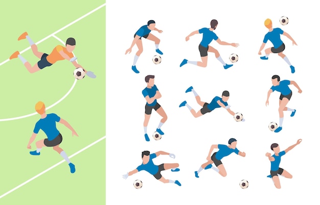 Soccer characters. Isometric athletics persons football players sprinting on field  3d people.