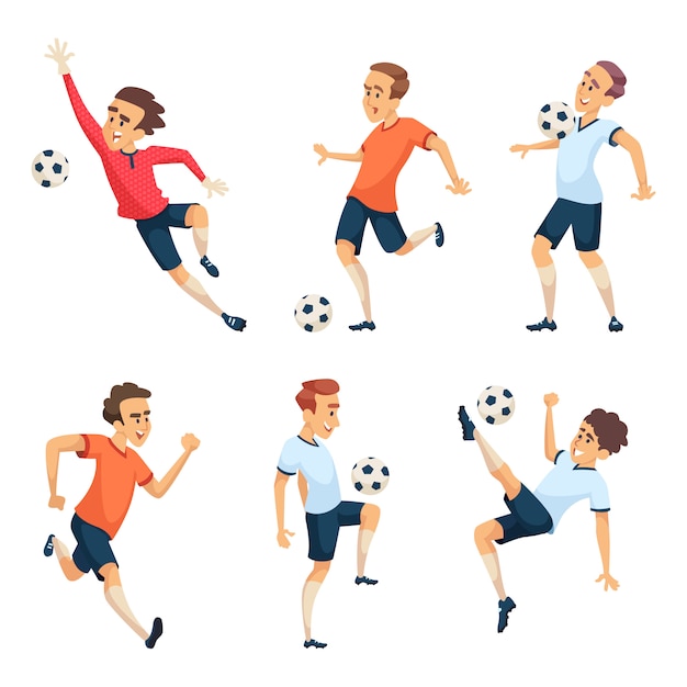 Soccer characters playing football. Isolated sport mascots isolate on white. Team player with ball illustration