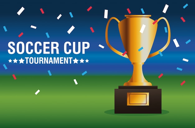 soccer cup tournament poster with trophy in camp vector illustration design