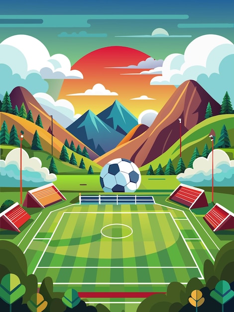 Vector soccer field surrounded by mountains at sunset