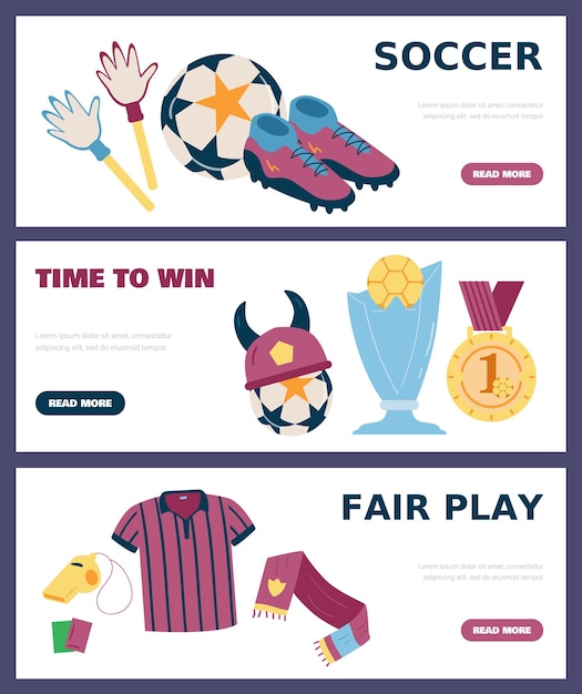 Soccer and football attributes ball sneakers cup scarf and medal horizontal banners set flat vector