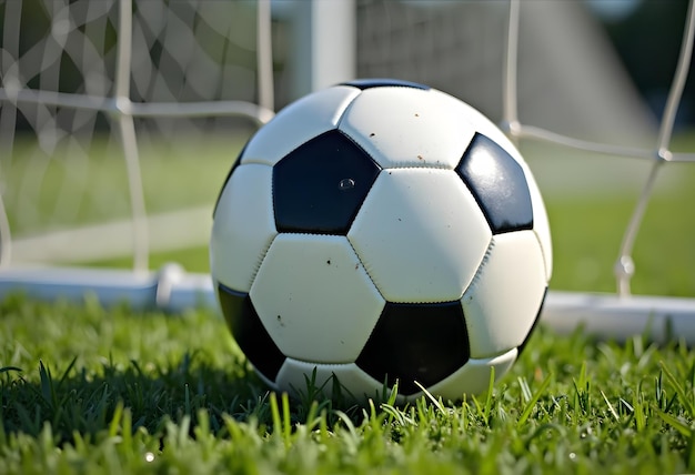 Soccer football on green grass field and goal post