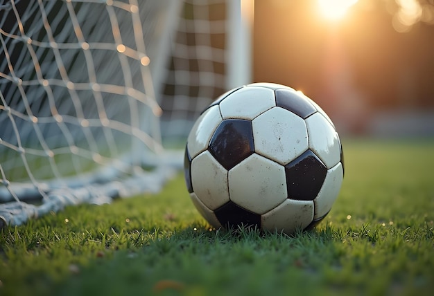 Vector soccer football on green grass field and goal post