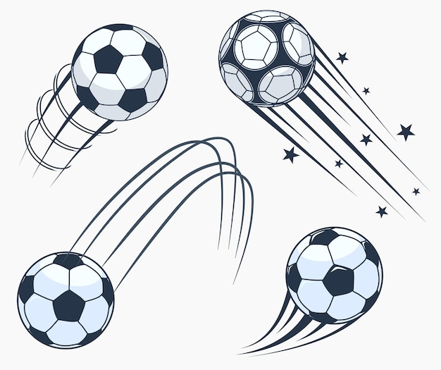 Soccer football moving swoosh elements, ball with motion trails, dynamic sport sign, sporting emblems design.